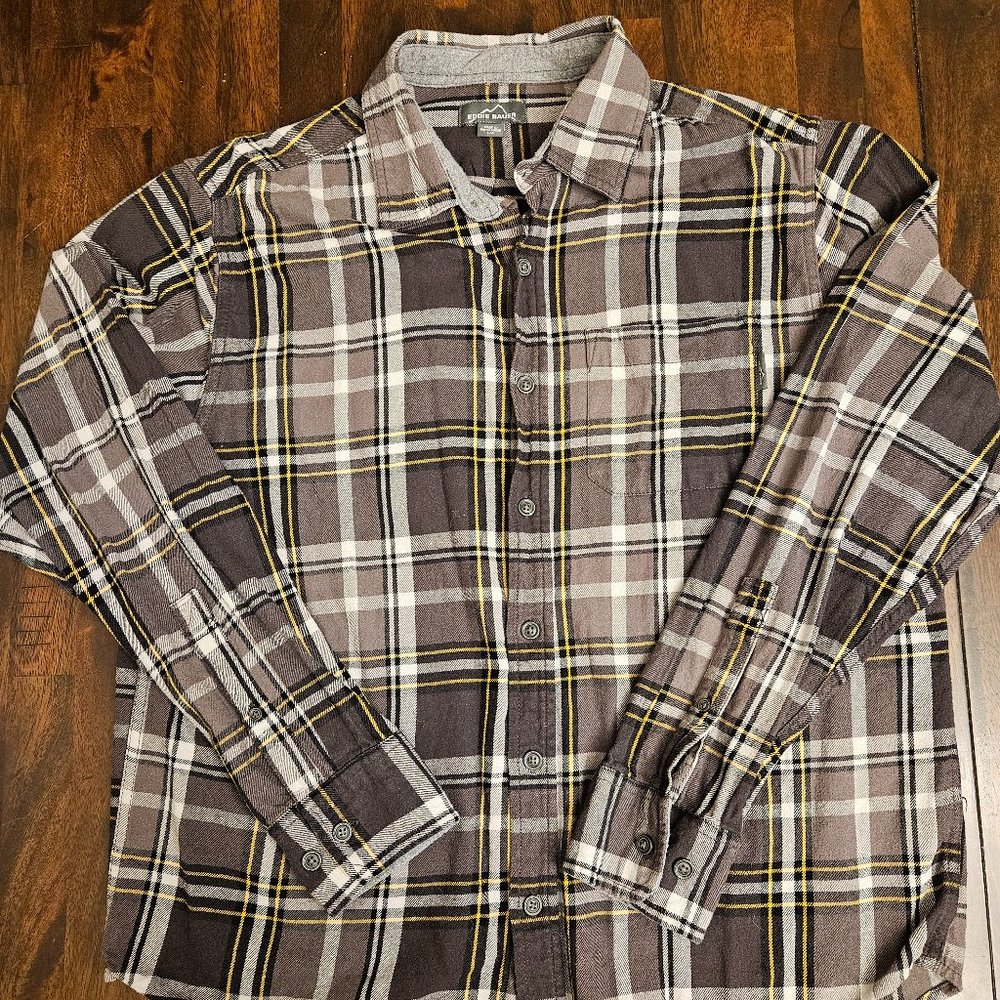 Eddie Bauer Flannel, Men's Large, gray and yellow plaid
